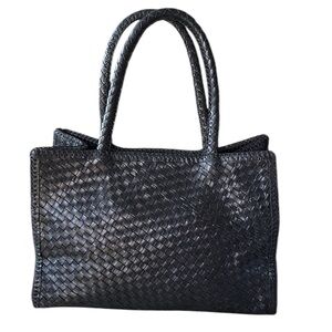 Helen Kaminski Black Woven Leather Double Woven Handle Handbag Tote Bag